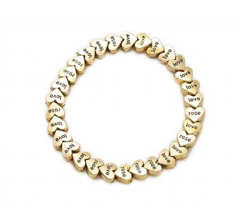 Rose and Love Stretch Heart Bead Bracelet Gold