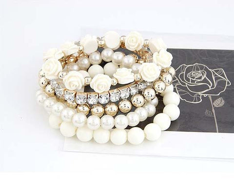 Pearl Rose Flower Multilayer Charm Bracelet & Bangle